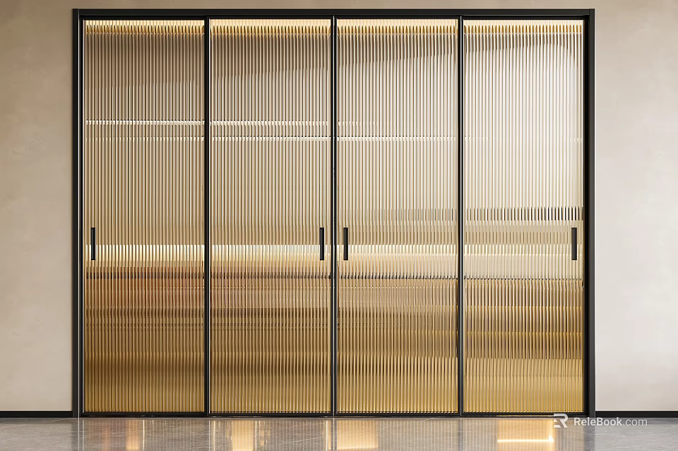 Elegant Modern Sliding Glass Doors With Black Frames And Vertical Striped Design 3d model