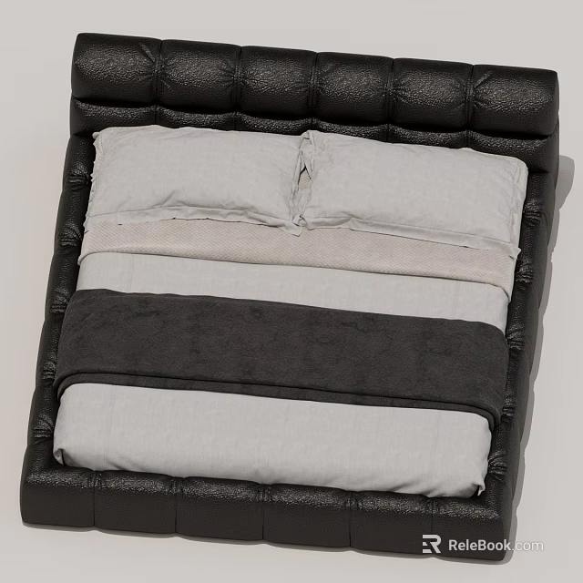Modern Bed Interior With Black Leather Upholstered Headboard Gray Pillows White Sheets And Black Blanket 3d model 