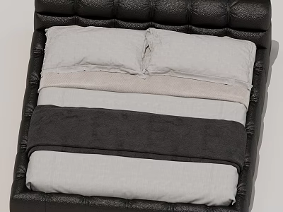 Modern Bed Interior With Black Leather Upholstered Headboard Gray Pillows White Sheets And Black Blanket 3d model