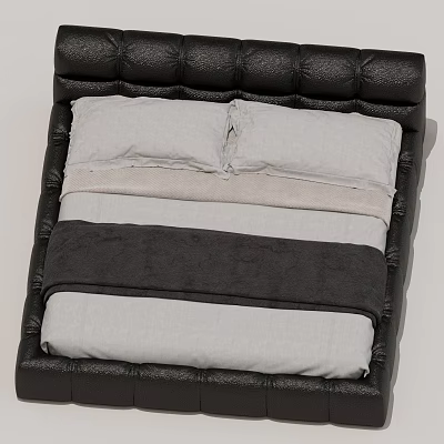 Modern Bed Interior With Black Leather Upholstered Headboard Gray Pillows White Sheets And Black Blanket 3d model