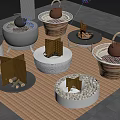 Outdoor Tea Set Scene With Round Fire Brewing Devices On Stone Slab And Wooden Mat
