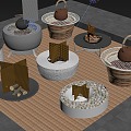 New Chinese Courtyard Sketches Fiberpot Encircled Stove Tea Making Fiberpot Bonfire Picnic Sketches Fireplace Teapot 3d model