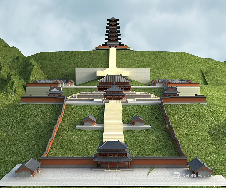 Ancient Architectural Complex Featuring Pagoda Courtyard Stone Steps And Green Hills 3d model
