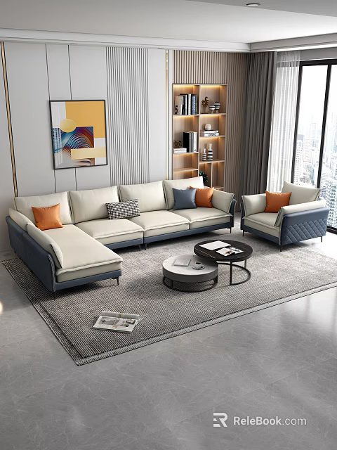 Modern L shaped Beige Navy Sofa and Coffee Tables Set With Orange Gray Blue Cushions 3d model 
