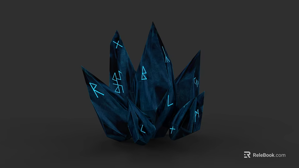 Blue Crystal Cluster Sculpture With Carved Glowing Symbols And Geometric Patterns 3d model 