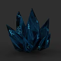 Blue Crystal Cluster Sculpture With Carved Glowing Symbols And Geometric Patterns
