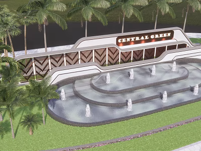 Decorative Feature Wall At Central Green With Palm Trees And Fountains 3d model
