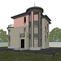 Elegant Detached Villa With Round Tower Large Glass Windows Balcony And Green Lawn