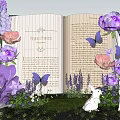 Whimsical Photo Spot With Open Book Purple Pink Flowers Butterflies White Bunnies And Green Grass