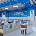 Bright Blue School Classroom with Desks Chairs Blackboard Windows and Ceiling Lighting 3d model