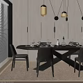 Dark Wood Oval Dining Table Set With Six Grey Chairs White Plates And Pendant Lights