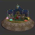 Blue Medieval Tent Miniature with Wooden Barrels Cart Wheel and Round Stone Base