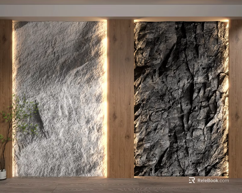 Textured Background Wall With Rock And Stone Textures Wooden Frames And Warm Lighting 3d model 