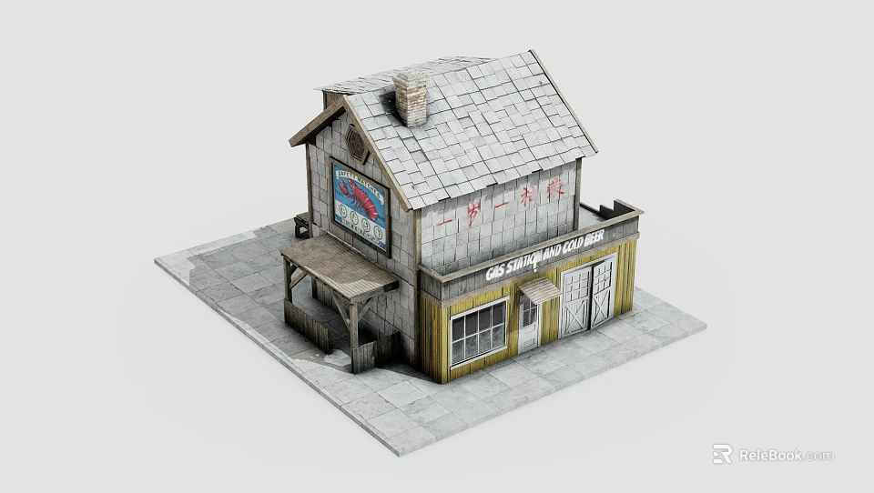 Miniature Vintage Cabin Model With Gray Roof Yellow Walls And Front Porch 3d model 