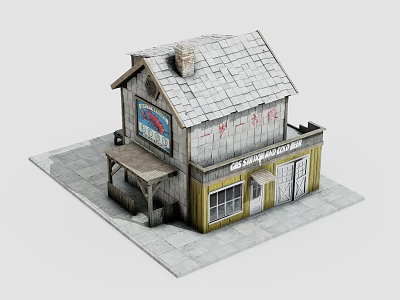 Miniature Vintage Cabin Model With Gray Roof Yellow Walls And Front Porch 3d model