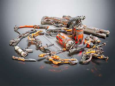 Mechanical Futuristic Weapons Collection With Orange Black Details And Intricate Tech Designs 3d model