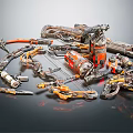 Mechanical Futuristic Weapons Collection With Orange Black Details And Intricate Tech Designs