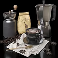 Essential Coffee Kitchen Tools Set With Moka Pot Grinder Cup Beans And Sugar 3d model