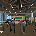 School Gymnasium Interior With Fitness Equipment Wooden Floors Large Windows And Colorful Strips