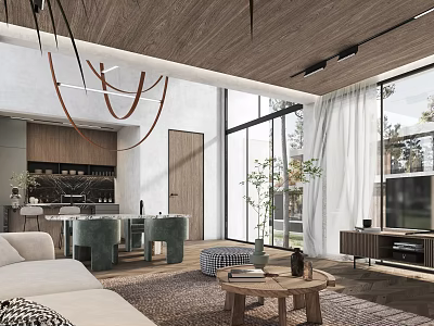 Modern Living and Dining Room Interior With Open Concept Wooden Ceiling Chandelier Sofa And Plants 3d model