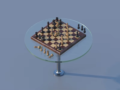 Glass Round Table With Wooden Chessboard And Scattered Black White Chess Pieces For Home Living 3d model