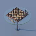 Glass Round Table With Wooden Chessboard And Scattered Black White Chess Pieces For Home Living