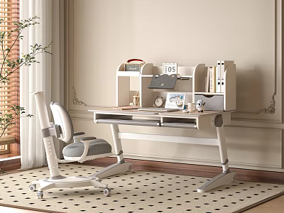 Cozy Modern Children's Desk With White Bookshelf Storage And Wheeled Chair 3d model