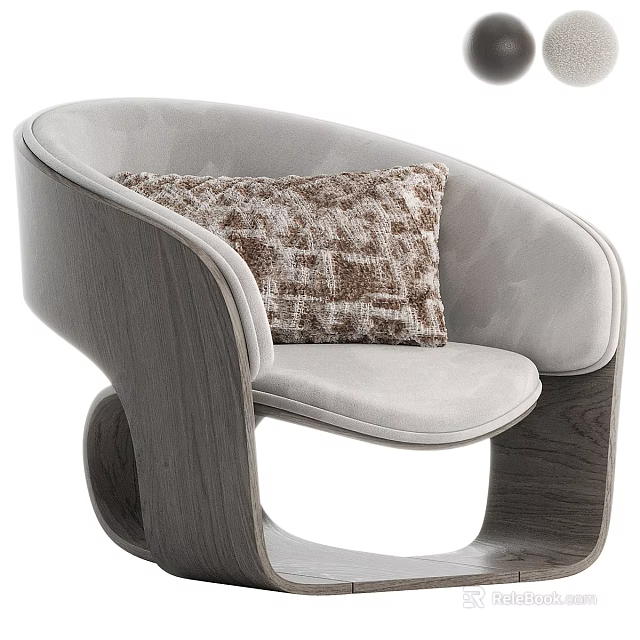 Modern Light Gray Upholstered Leisure Chair With Solid Wood Base And Patterned Decorative Pillow 3d model 