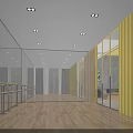 Modern Fitness Dance Studio With Wooden Floor Ballet Barre Mirrors Ceiling Lights And Yellow Walls