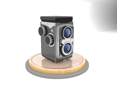 Vintage Twin Lens Metal Camera Decorative Ornament Set With Round Wooden Base 3d model