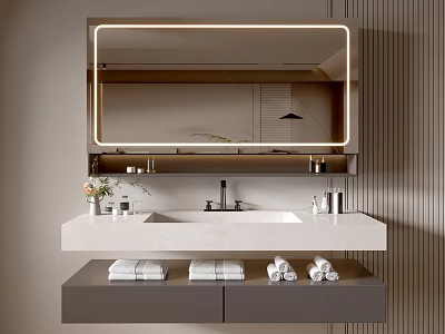 Modern Bathroom Vanity Cabinet With Lighted Mirror Marble Countertop Sink And Folded Towels 3d model