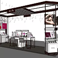 Elegant Golden Frame Display Shelves With Cosmetics Display Tables Mirrors And Advertising Posters