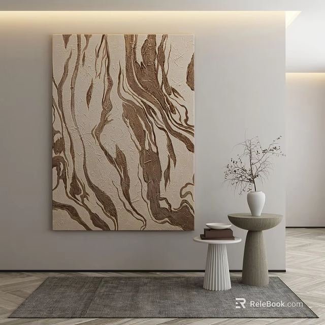 Modern Interior Wall Decor Featuring Abstract Beige Brown Texture Painting With Vase And Side Table 3d model