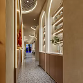 Modern Artistic Café Interior Featuring Green Plants Red Sculpture Curved Walls And Terrazzo Floor