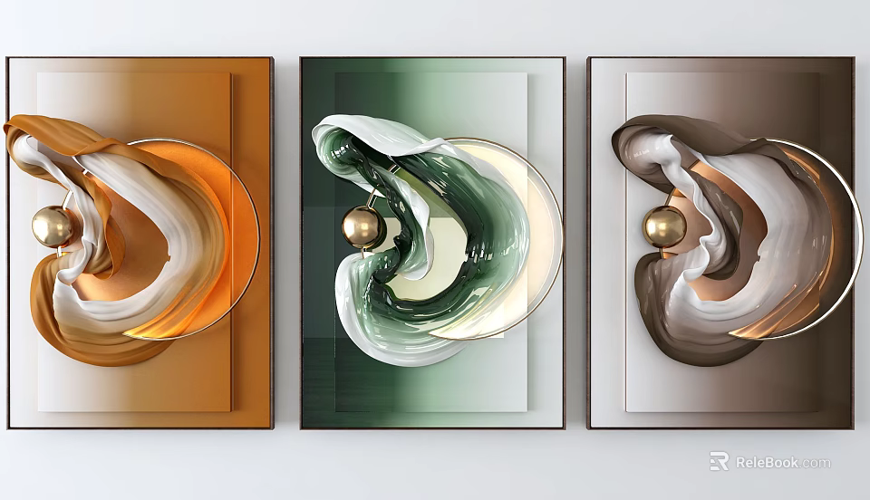 Modern Abstract Wall Decor With Fluid Curves Golden Spheres And Colorful Frames For Home Interior 3d model 