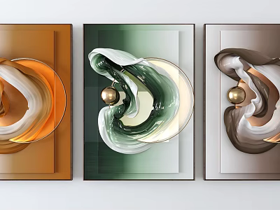 Modern Abstract Wall Decor With Fluid Curves Golden Spheres And Colorful Frames For Home Interior 3d model