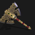 Ornate Battle Axe with Intricate Gold Blue Design Green Gemstone Red Handle and Spiked Bottom