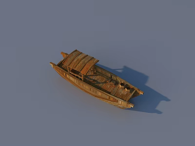 Traditional Wooden Boat With Covered Roof And Brown Vintage Wooden Deck 3d model
