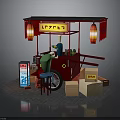 Red Food Cart Setup With Hanging Lanterns Signboard Green Drink Machine And Cardboard Boxes
