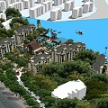 Scenic Waterfront Hotel Resort Architecture With Lush Greenery And Marina Boats
