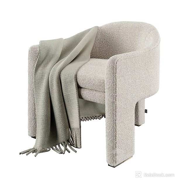 Plush Light Gray Single Sofa With Rounded Armrests Square Legs And Fringed Throw Blanket 3d model