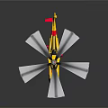 Yellow and Red Aerospace Helicopter Model with Multiple Rotors and Reflection on Black Background