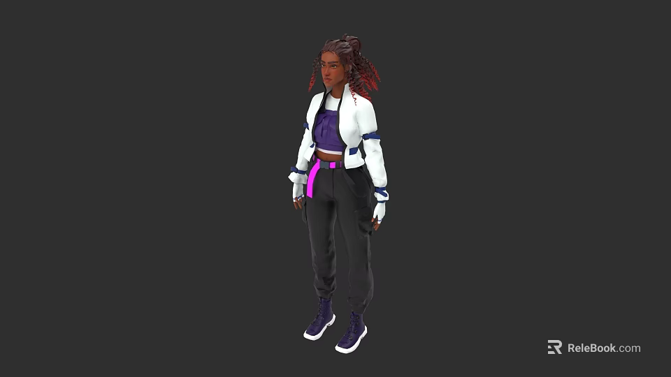 Stylish Woman With Braided Hair In White Jacket Purple Top Black Pants And Purple Sneakers 3d model 
