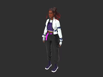 Stylish Woman With Braided Hair In White Jacket Purple Top Black Pants And Purple Sneakers 3d model
