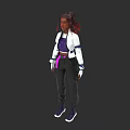 Stylish Woman With Braided Hair In White Jacket Purple Top Black Pants And Purple Sneakers