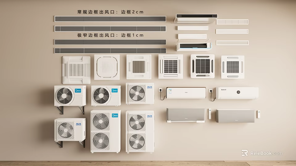 Various Air Conditioners With Different Air Outlet Sizes And Hanging Floor Standing Units 3d model 