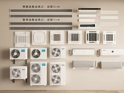 Various Air Conditioners With Different Air Outlet Sizes And Hanging Floor Standing Units 3d model