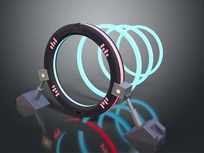 Futuristic Black Circular Ring With Blue Glowing Rings And Gray Supporting Stands 3d model