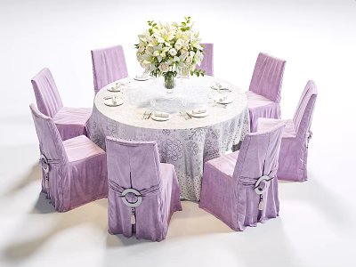 Banquet Hall Setup With Round Dining Table White Tablecloth Purple Chairs And Flower Bouquet 3d model