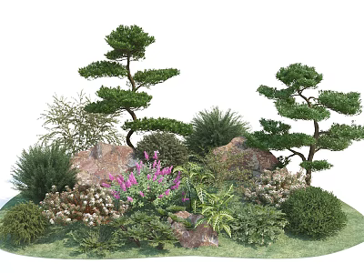 Lush Garden Shrubs With Pine Trees Rocks Purple Flowers And Green Grass 3d model